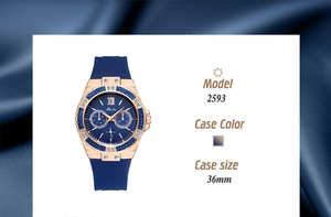 Detail of 36mm rose gold Missfox watch with blue silicone strap and crystal accents