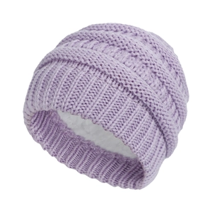 Detail of lavender knit baby beanie with warm white fleece lining and twist pattern