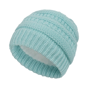 Detail of light blue cable knit baby hat with warm white fleece lining and soft texture