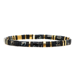 Bohemian Tila bead bracelet with matte black, gold, and blue marble tile beads