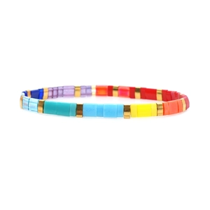 Bohemian rainbow Tila bead bracelet with colorful tile charms and golden spacers