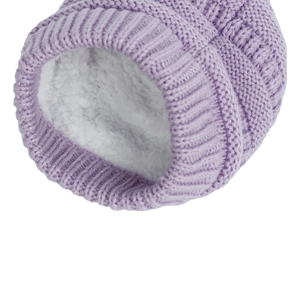 Close-up of purple knit baby hat featuring thick white fleece lining for winter warmth