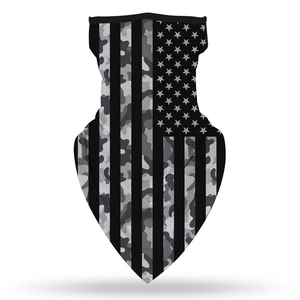 Detail of multi-functional outdoor neck gaiter with gray camo and star-stripe patterns