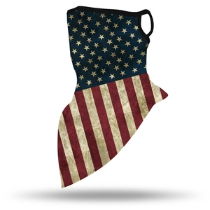 Detail of USA flag pattern neck gaiter with ear loops and breathable elastic fabric