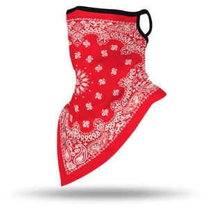Close-up of red and white paisley bandana mask with ear loops and black piping detail