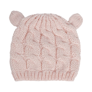 Detailed view of pink baby knit hat featuring cable knit texture and cute 3D bear ears