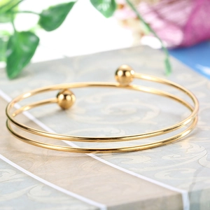 Minimalist double-layered gold stainless steel open bangle with smooth spherical beads