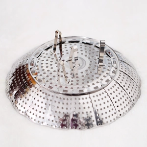 Foldable stainless steel steamer basket with tripod legs and perforated design