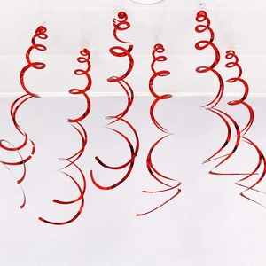 Set of 6 red metallic PVC hanging swirl decorations for wedding and birthday party events