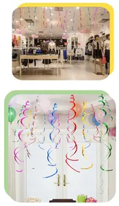 Close-up of colorful metallic PVC party swirls hanging in home and store party settings