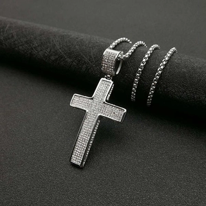 Hip hop silver plated cross pendant necklace with sparkling cubic zirconia on box chain