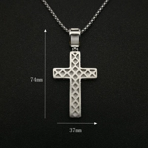 Silver steel cross pendant necklace with hollow geometric pattern, 74mm by 37mm