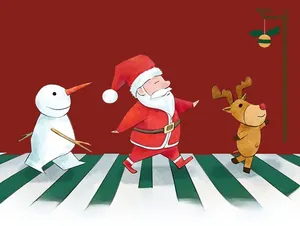 Abbey Road Parodie mit Weihnachtsmann und Rentier auf festlichem rotem Hintergrund