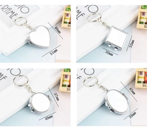 Mini metal mirror keychain in heart, square, round, and oval shapes with exact dimensions