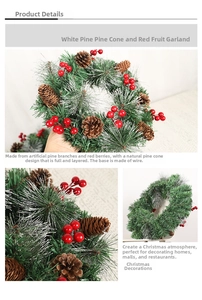 Detailed view of Christmas wreath featuring white-tipped pine needles, cones and red berries
