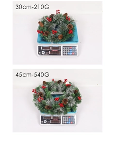 Detailed view of 30cm and 45cm Christmas wreaths with pine cones and berries on scale