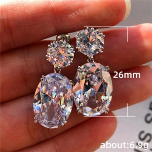 Elegant silver earrings with round and large oval zircon drop, 26mm length and 6.9g weight