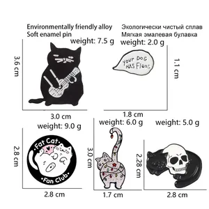 Detailed size chart for cartoon cat enamel pins showing dimensions and alloy weights