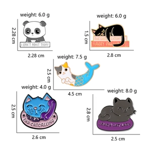 Set of 5 funny enamel cat and panda pins with detailed dimensions and weights