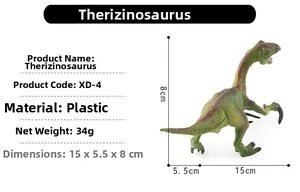 Detailed specs for Therizinosaurus toy model showing weight 34g and size 15x5.5x8cm