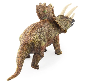 Detailed view of triceratops dinosaur toy model with realistic skin texture and orange hues