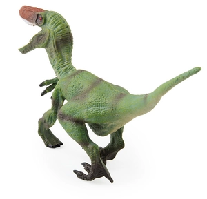 Detailed view of green realistic Velociraptor dinosaur toy showing skin texture and pose