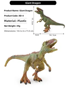 Detailed size view of Giganotosaurus toy model with dimensions and yellow green scales