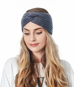 Close-up of a dark grey chunky knit headband featuring a stylish central twist design