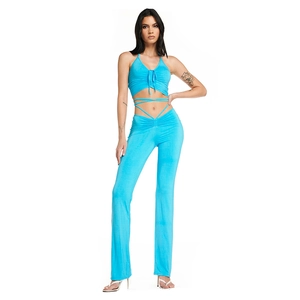 Detail of blue backless halter top and slim pants set for women summer leisure