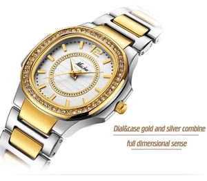 Detail of an oval dial watch with rhinestones and silver-gold mixed metal band