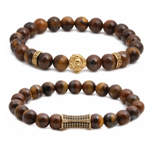 Tiger Eye Stone Beaded Bracelets With Stainless Steel Lion Head Copper Zircon Tube Punk Hip Hop Jewelry Men Women