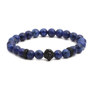 Bracelet en pierres naturelles bleues avec tête de lion noire et anneaux en métal