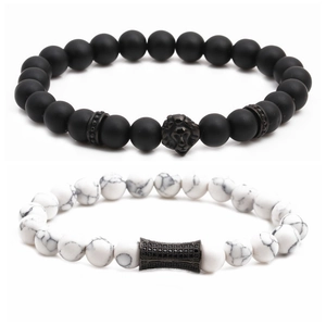 Men's Trend Lion Head Beaded Bracelets Matte Stone White Turquoise Stainless Steel Zirconia Tube Bead Jewelry