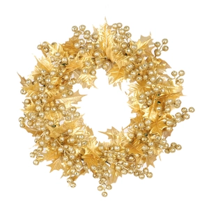 Couronne de Noël dorée avec feuilles scintillantes et baies sur fond blanc de 40 cm