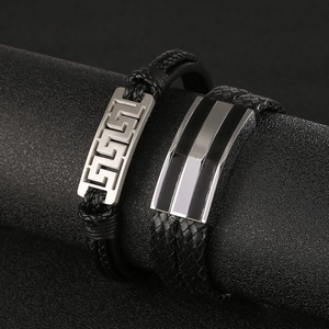 Men's retro braided multilayer leather bracelet with silver stainless steel clasp