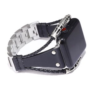 Detail of Apple Watch band with black leather, silver metal chain and vintage engraving