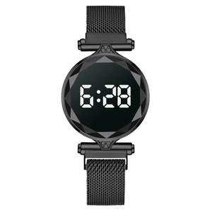 Reloj electrónico LED negro para mujer con cristal tallado diamante y correa milanesa