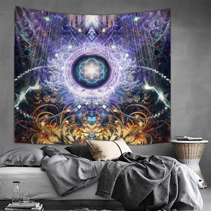 Detailed view of large psychedelic mandala wall tapestry with mystical purple nebula patterns