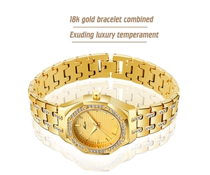Macro shot of 18k gold-plated octagon bezel set with crystals and textured grid dial
