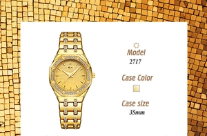 Detail of gold women's watch 2717 with 35mm case and crystal-encrusted metal strap