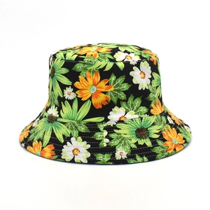 Close-up of floral bucket hat showing durable canvas texture and reinforced brim stitching