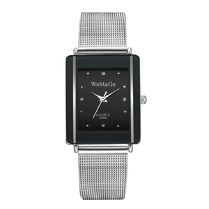 Rectangular Quartz Watch Minimalist Fashion Women Silver Stainless Steel Mesh Band Rhinestone Hour Markers Dial