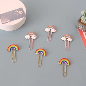 Rainbow and cloud PVC soft glue paper clips with pink and gold metal bookmarks set