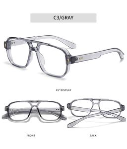 Detailed views of grey transparent square frames with gold metal rivets and double bridge