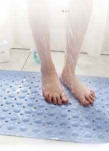 Dettaglio del tappetino da bagno in PVC azzurro con fori di drenaggio e ventose forti