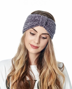 Close-up of a purple chenille knitted knotted headband showing thick warm texture on model