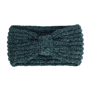 Detailed texture of dark green chenille knitted knot headband with soft elastic weave