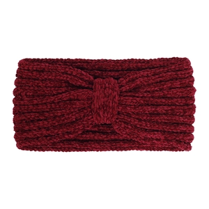 Close-up of wine red chenille knit headband showing thick velvet texture and knotted design