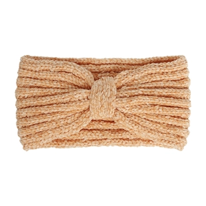 Detail showing the chenille knitted texture and center knot design of the winter headband