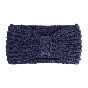 Close-up of knit chenille headband in navy blue with a knotted twist design for winter